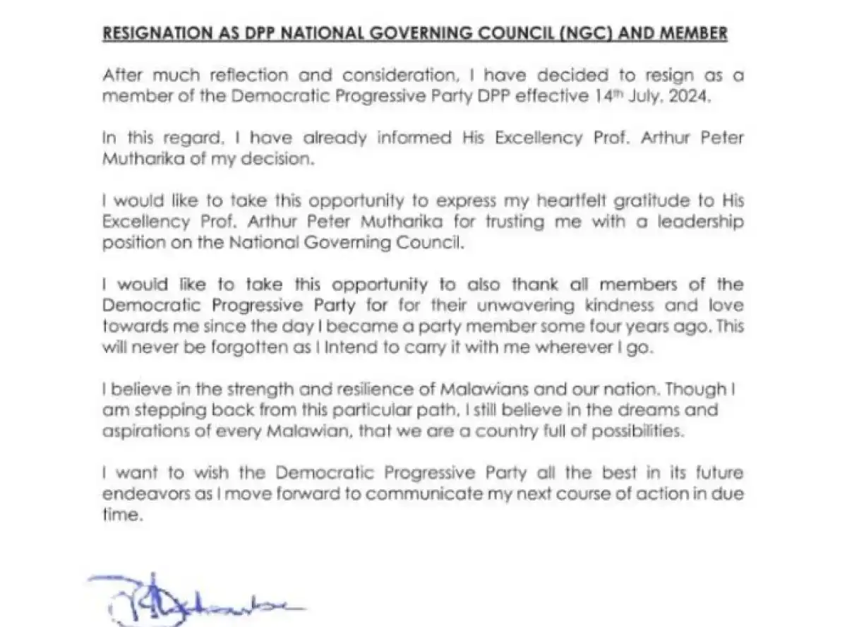 NOW OFFICIAL:Former RBM Governor Dr. Dalitso Kabambe resigns from DPP